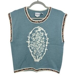 Russ Petites Blue Sweater Vest Women's Size S Floral Motif Leopard Trim Knit‎